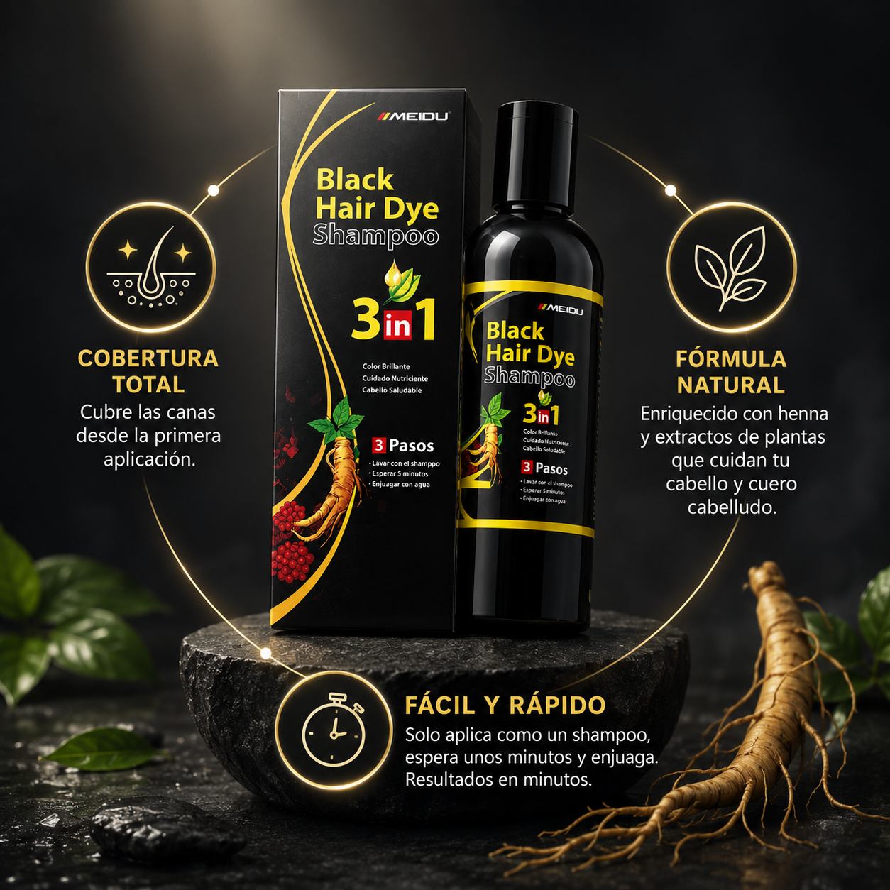 Black Hair Dye Shampoo: Cubre canas rápida y naturalmente